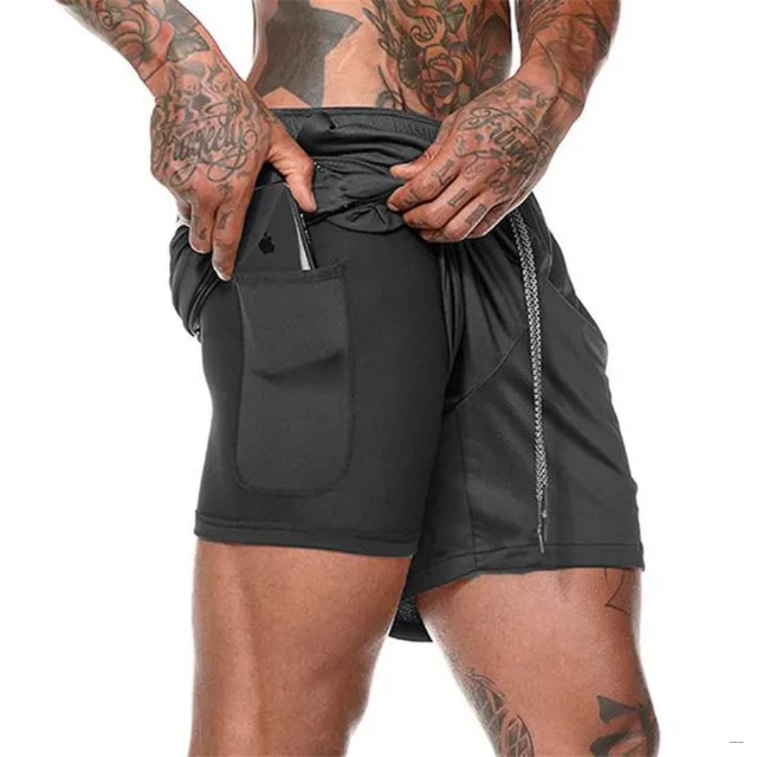 MEN COMPRESSION GYM WORKOUT SHORTS WITH LINER 2 IN 1