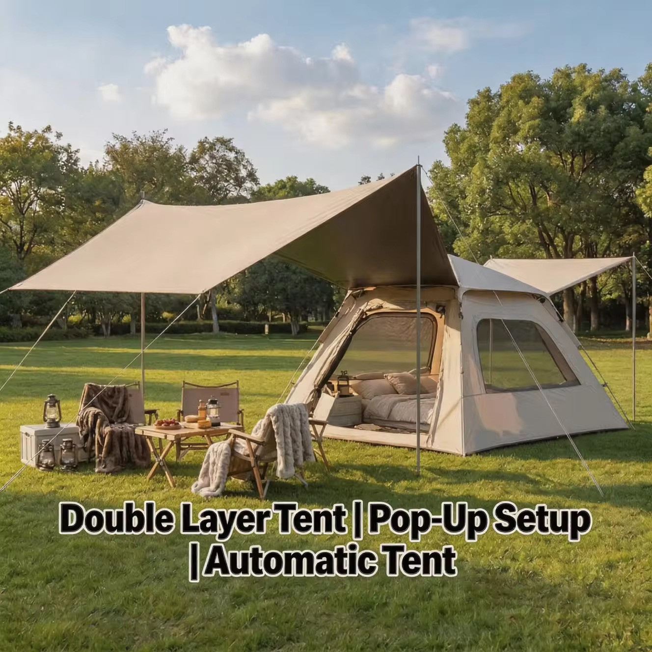 3–5 PERSON DOUBLE LAYER AUTOMATIC POP-UP CAMPING TENT With  EXTENDED CANOPY/ TARP